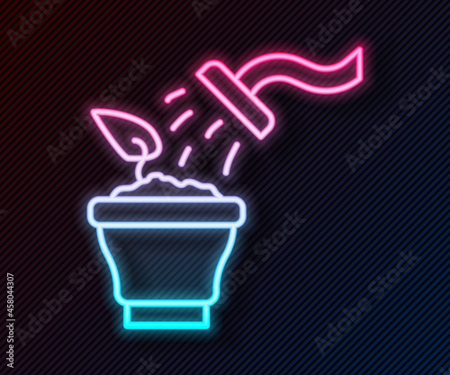Glowing neon line Spraying a house plant with a spray gun icon isolated on black background. Moistening of foliage. Care for home flowers. Vector