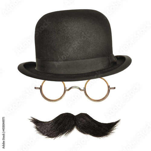 Vintage bowler hat with black curly moustache and glasses isolated on white