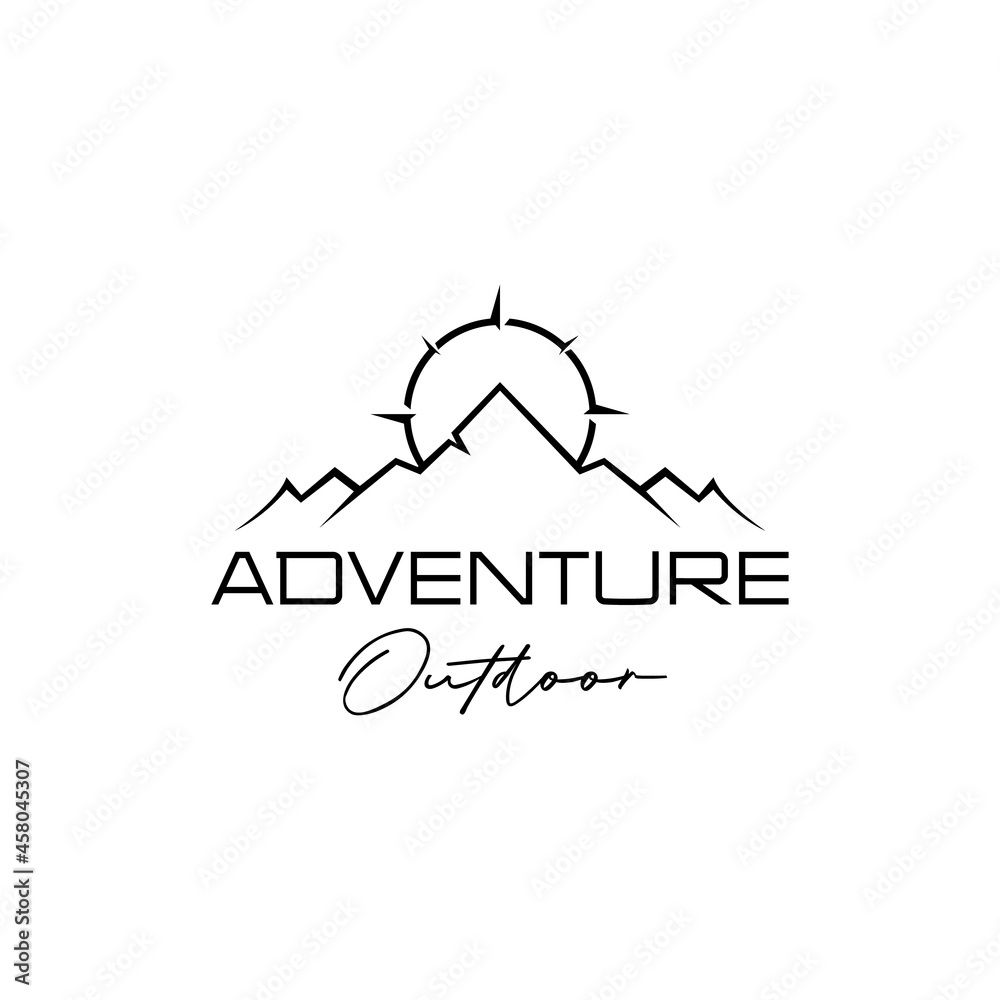 mountain and compass outdoor adventure logo design vector