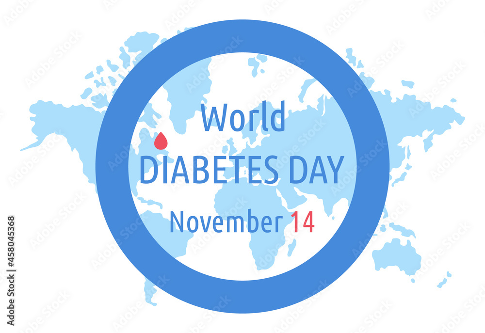 World Diabetes day. Vector poster. Symbol blue circle with blood drop and world map. November 14
