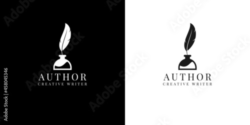 feather quill pen with ink bottle logo design vector