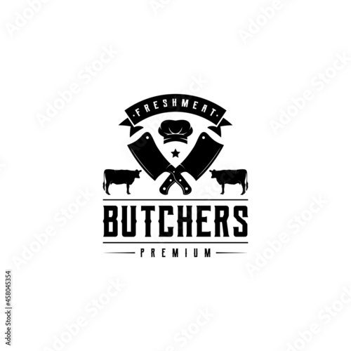 vintage retro emblem badge butchery logo design vector