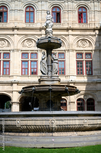 Vienna state Opera house fountain and architecture view, capital of Austria