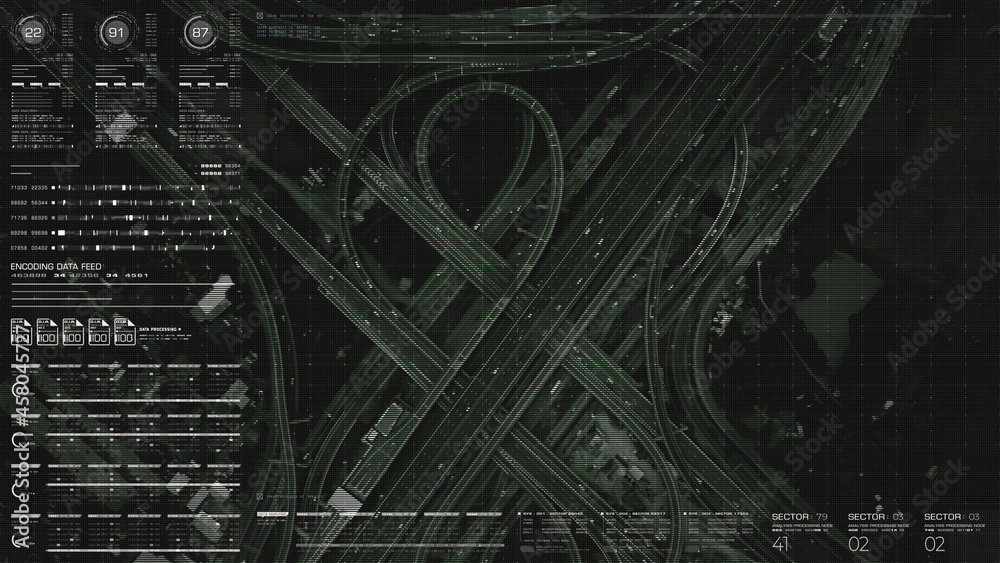 Fototapeta premium Futuristic HUD satellite view of traffic surveillance on a busy expressway junctions tracking and monitoring highway traffic for possible target vehicle
