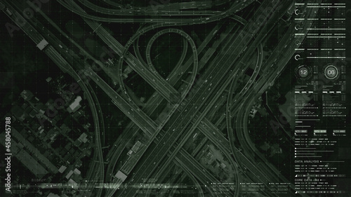 Foto Futuristic HUD satellite view of traffic surveillance on a busy expressway junct