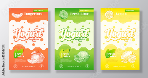 Fruits and Berries Yogurt Label Templates Set. Abstract Vector Dairy Packaging Design Layouts Collection. Modern Banner with Hand Drawn Tangerine, Lemon and Lime Sketches Background. Isolated