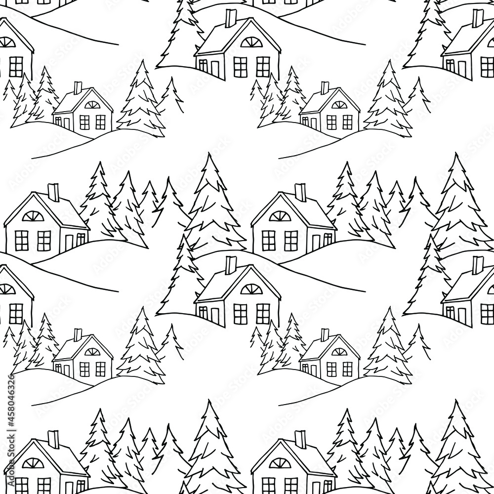 Vector pattern landscape in a circle, a house in the woods between the Christmas trees.
