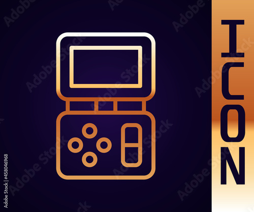 Gold line Portable tetris electronic game icon isolated on black background. Vintage style pocket brick game. Interactive playing device. Vector