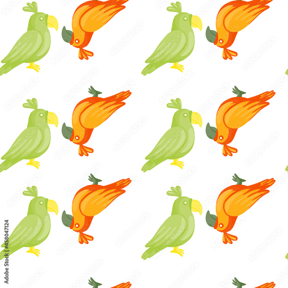 Green and orange colored parrots silhouettes seamless doodle pattern. White background. Isolated print.