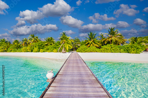 Idyllic tropical beach landscape for background or wallpaper. Design of tourism for summer vacation holiday destination. Maldives island beach panorama. Palm trees and beach bar and long wooden pier