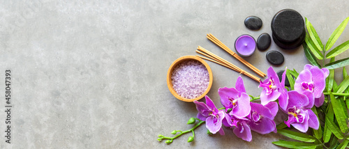 Fotografie, Obraz Thai Spa Treatments aroma therapy salt and sugar scrub massage with purple orchid flower on backboard with candle