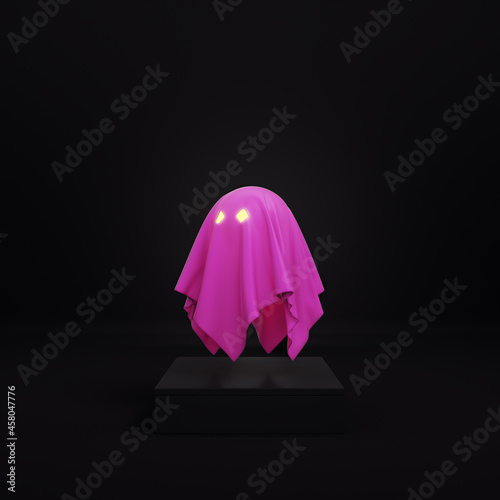 Cute pink ghost character with glowing eyes on dark pedestal. Minimalism concept photo