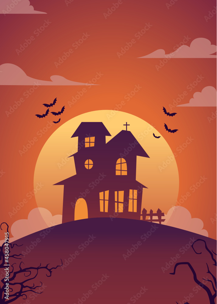 Flat halloween background with haunted house Free Vector