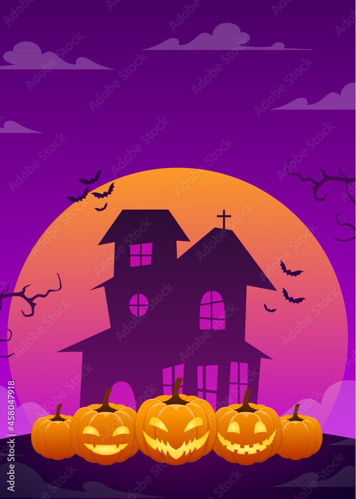 Flat halloween background with haunted house and scary pumpkins Free Vector