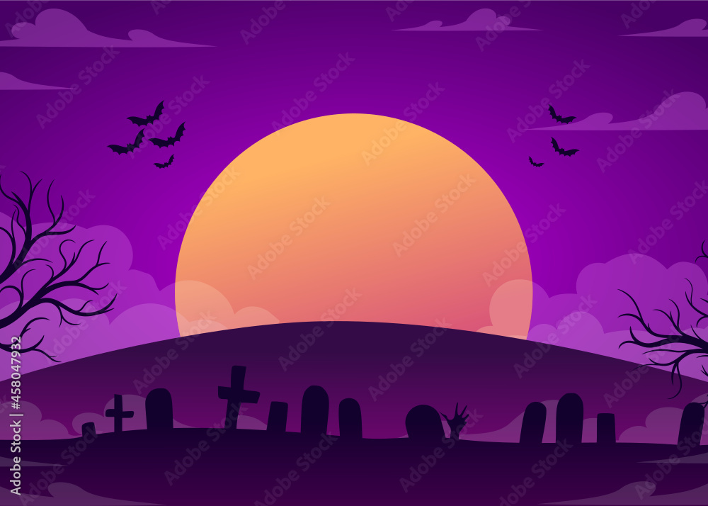 Flat halloween background with cemetery area and moon free vector