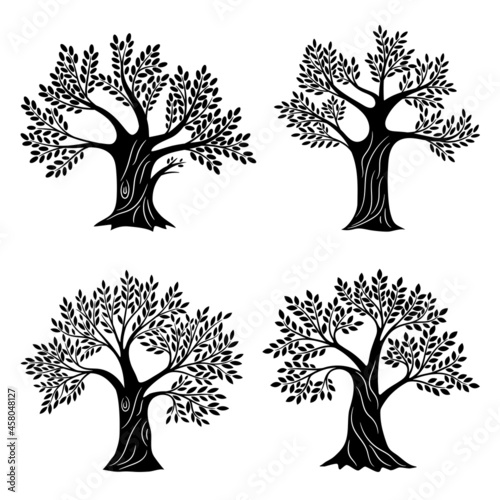 Living trees silhouettes. Minimalistic genealogical tree set with foliage, life education and health symbols for company logo, oak or olive painting wood graphics