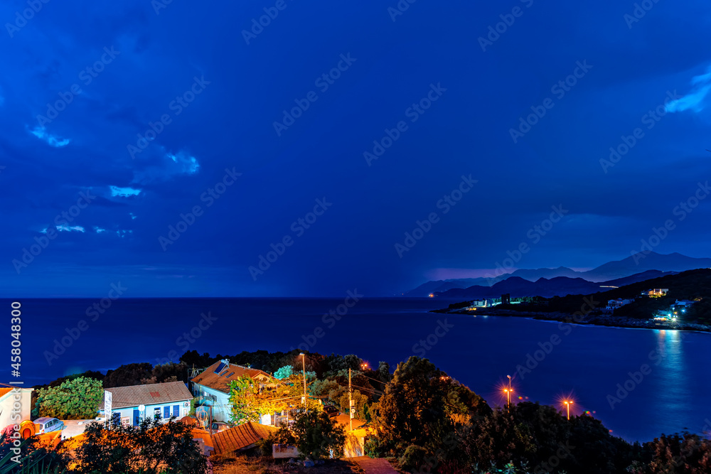 Utjeha, Montenegro - July 09, 2021: Utjeha Beach on the Adriatic coast in Montenegro by night.