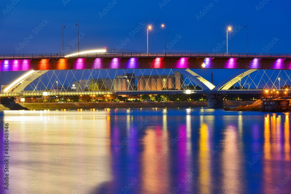 Novi Sad, Serbia August 24, 2021: Rainbow bridge, Novi Sad, Serbia. Night reflection in Novi Sad