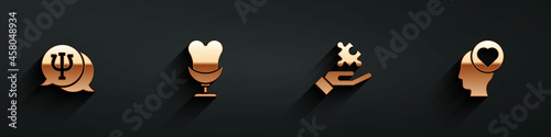 Set Psychology, Psi, Armchair, Solution to the problem and Broken heart or divorce icon with long shadow. Vector