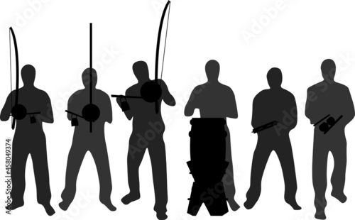Capoeira bateria instrument in black silhouette vector set. Group of people playing capoeira music with berimbau, pandeiro. Group of capoeiristas with instruments. Web, print design. Easy color edit.