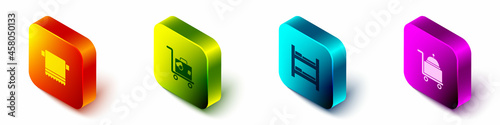 Set Isometric Towel on hanger, Suitcase, Hotel room bed and Covered with tray icon. Vector