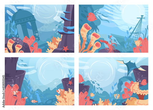 Sea bottom set. Beautiful underwater world with different corals and seaweed.