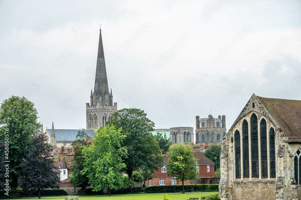 view of Chichester Cathedral from Priory Park in Chichester West Sussex England
