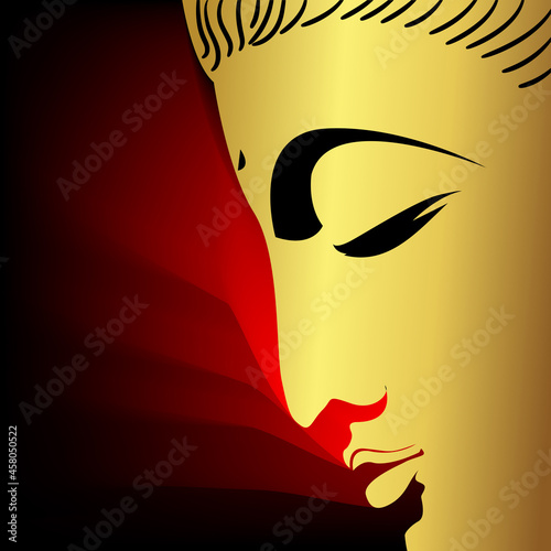 Face of buddha with golden border isolate on black background