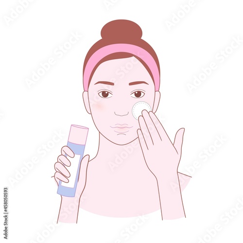Young beautiful woman wipes her face with a sponge. Makeup remover. Vector illustration isolated on white background