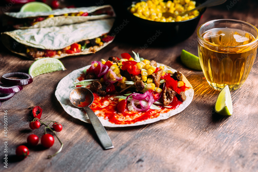 Tacos with meat and vegetables. Cooking tacos Tacos with meat and vegetables. Cooking tacos
