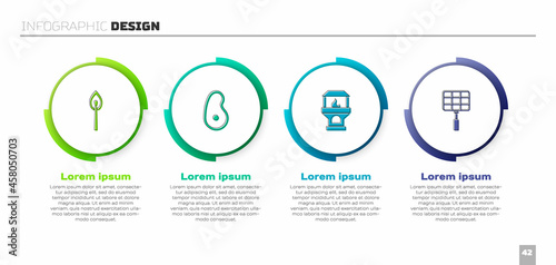 Set Burning match with fire, Steak meat, Brick stove and Barbecue steel grid. Business infographic template. Vector