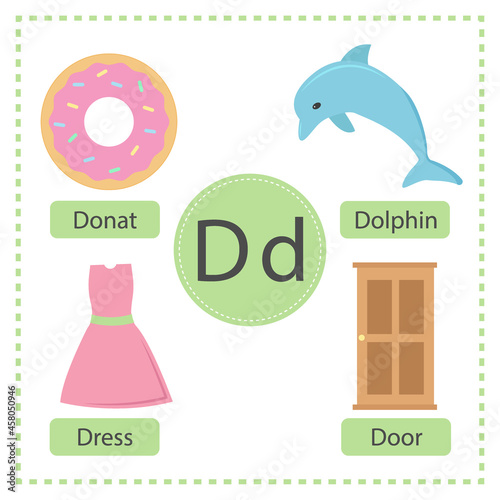 Alphabet  cards. Learning English for children. Letter, word and picture. Colorful vector illustration.