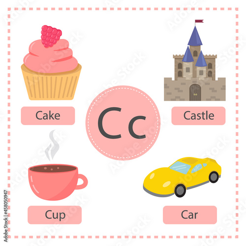 Alphabet  cards. Learning English for children. Letter, word and picture. Colorful vector illustration.