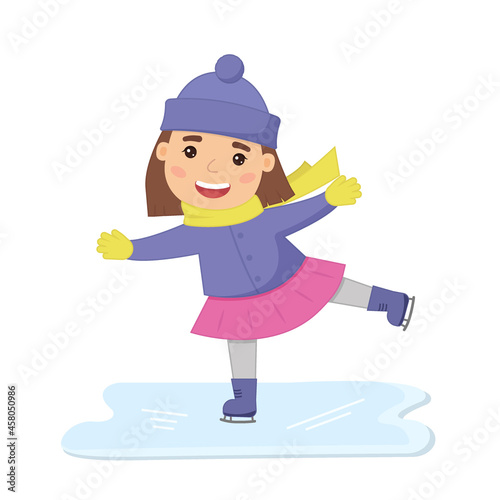 Cute cartoon girl skating on ice in winter. Vector isolated illustration.