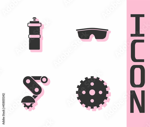 Set Bicycle sprocket crank, Sport bottle with water, Derailleur bicycle rear and cycling sunglasses icon. Vector
