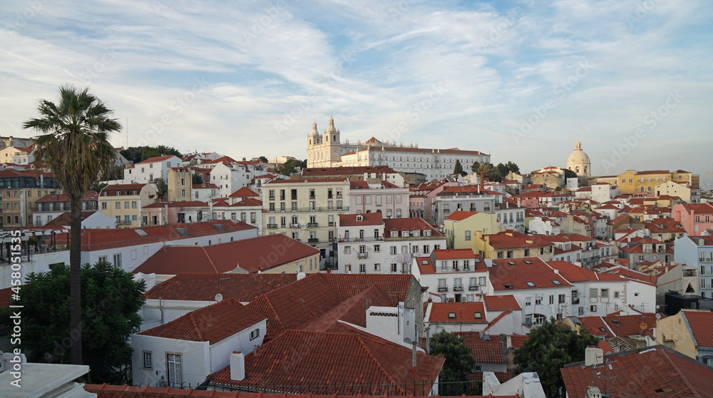 view point of das portas do sol to Alfama's rooftops, towers, and domes, Lisbon, Portugal  