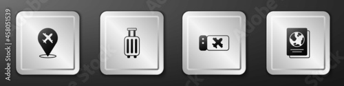 Set Plane, Suitcase, Airline ticket and Passport icon. Silver square button. Vector
