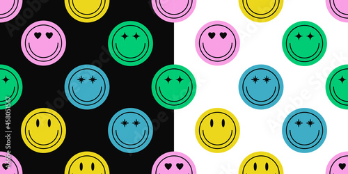 Seamless pattern of different colorful smile face stickers. Smiling happy face icon seamless background. Set of emoticon textures for print product. Vector illustration.