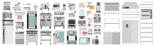 Professional restaurant kitchen furniture and equipment set. Collection of chef