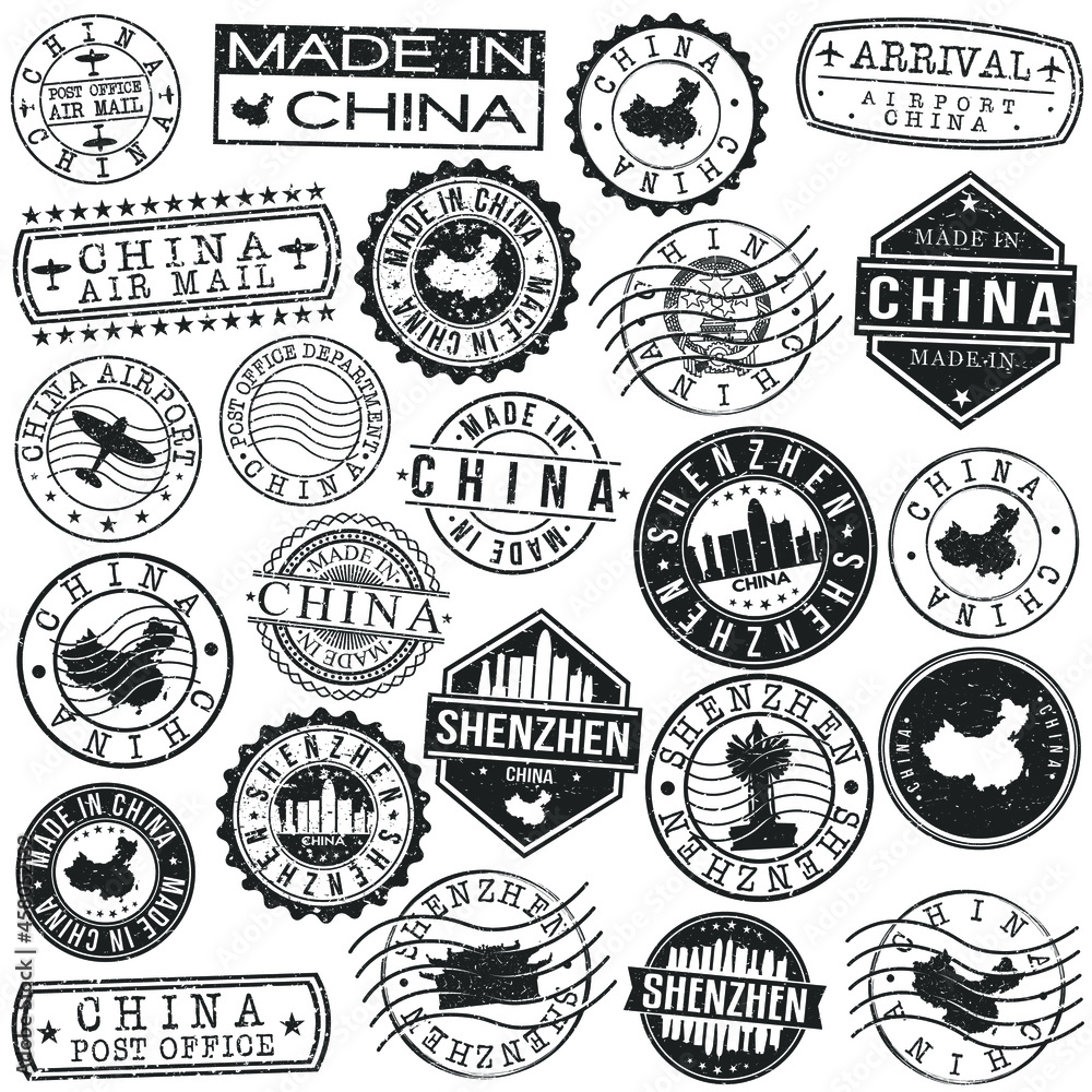 Fototapeta premium Shenzhen, Guangdong Province, China Set of Stamp. Vector Art Postal Passport Travel Design. Travel and Business Seals.