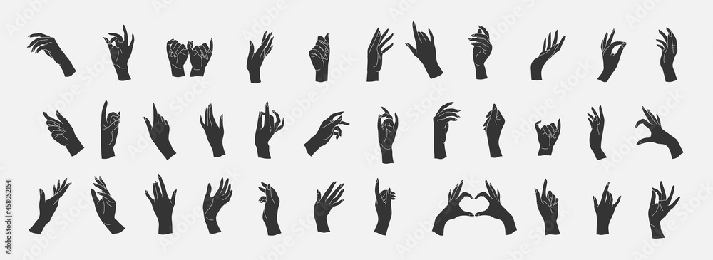 Set of Vector female beauty hands silhouette. Editable outline stroke size. Line flat contour, thin and linear design. Simple icons. Concept illustration.