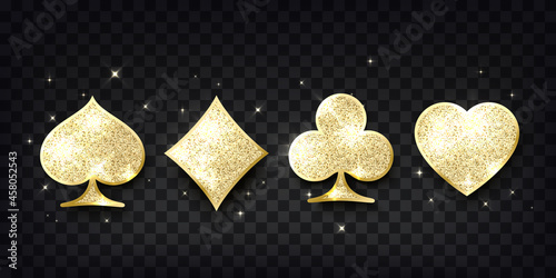 Poker cards suit. Four casino playing card golden glitter symbols. Design element. Vector
