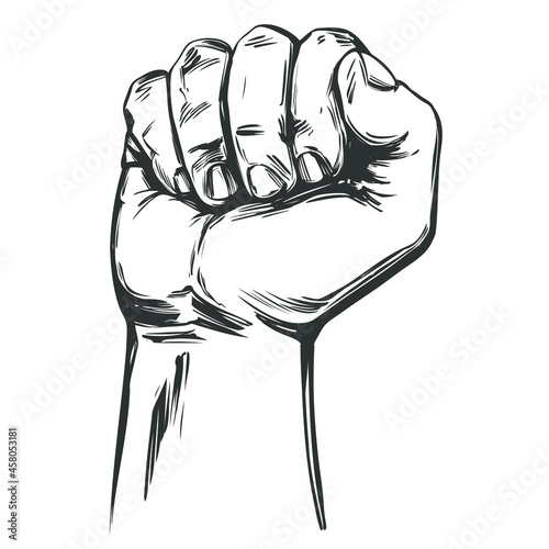 Raised hand up clenched into a fist icon cartoon hand drawn vector illustration sketch