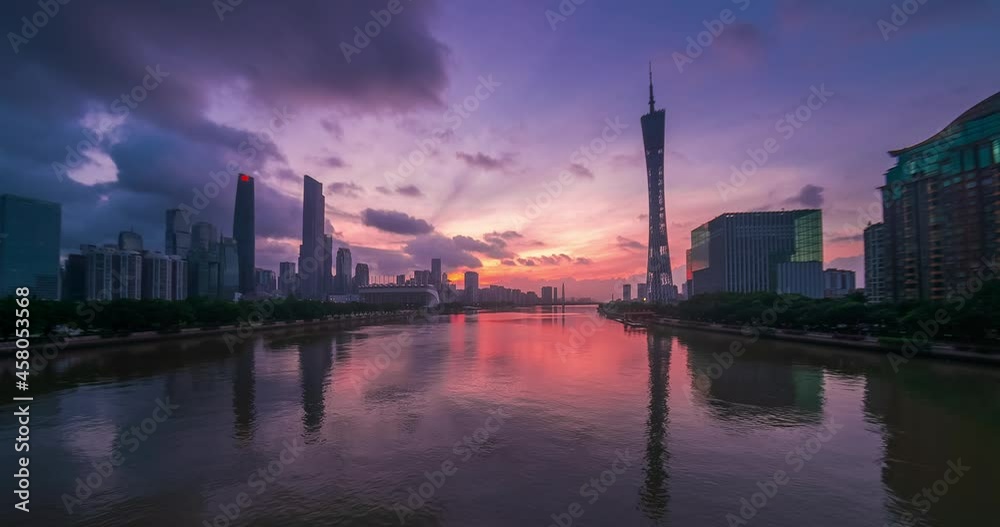 Timelapse of Guangzhou city in China on sunrise. Canton tower, river and clouds Timelapse of Guangzhou city in China on sunrise. Canton tower, river and clouds