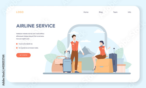 Stewardess web banner or landing page. Flight attendants help passenger
