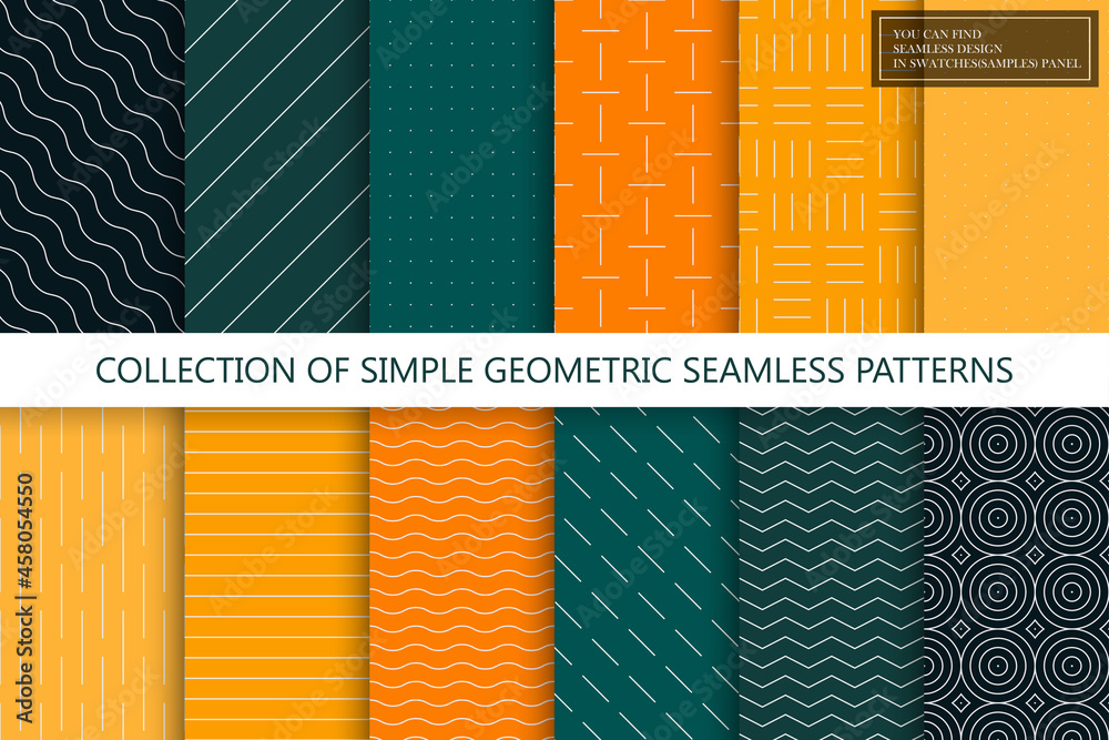 Collection of seamless geometric minimalistic patterns. Simple dotted and striped textures - endless backgrounds. Color textile repeatable prints. You can find seamless design in swatches panel - obrazy, fototapety, plakaty 
