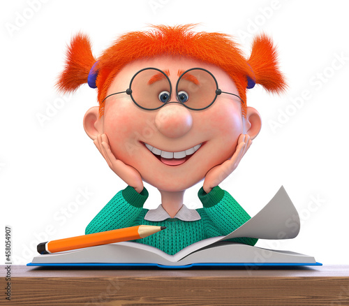 3d illustration of a little girl smiling at school in the classroom