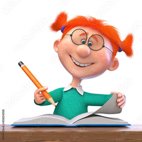 3d illustration of a little girl smiling at school in the classroom