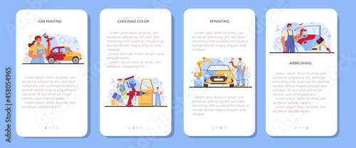 Car service mobile application banner set. Mechanic in uniform paint