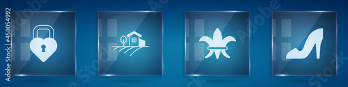 Set Castle in the shape of heart, Village landscape, Fleur De Lys and Woman shoe. Square glass panels. Vector